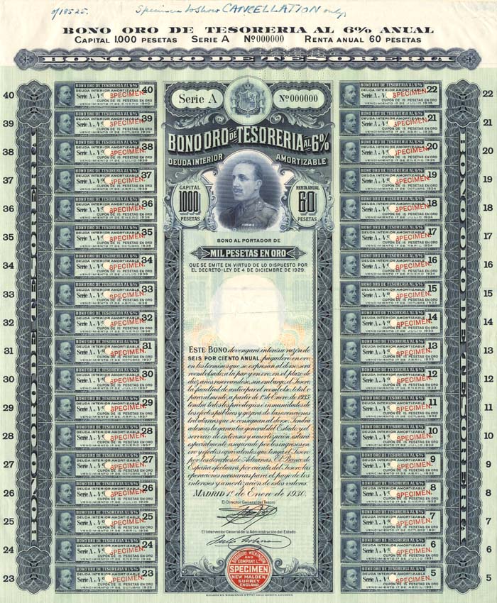 Bono Oro De Tesoreria - 1,000 Pesetas 6% Specimen Bond